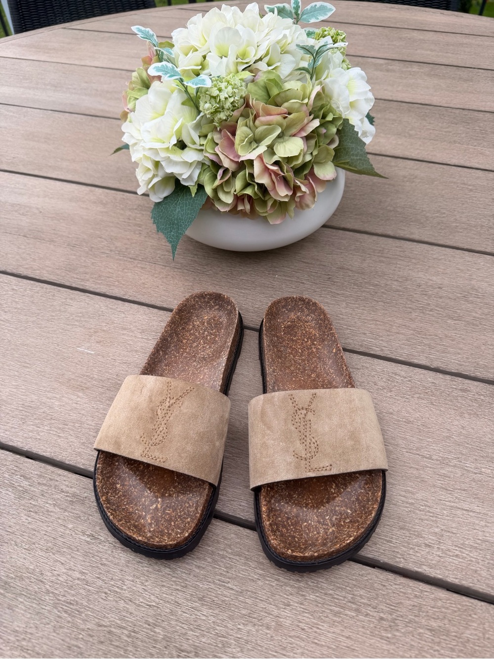 Saint Laurent Joan Suede Slide Sandals in Tan - Comfortable Women's Casual Slid